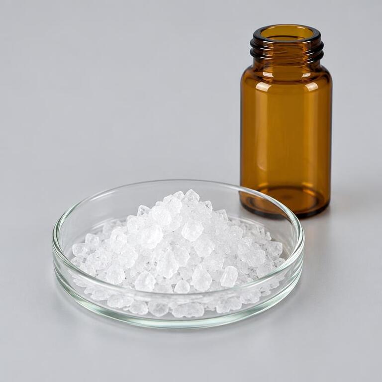 Illustrative studio sample of Trimethylsulfonium Bromide as white crystalline material