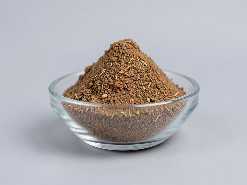 Triphala Powder shown as a dried milled botanical powder in a shallow dish in a neutral studio photograph