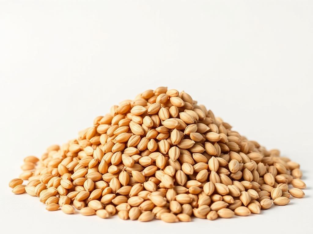 Triticale seed for sowing shown as a neutral studio product photograph of certified planting seed in bulk