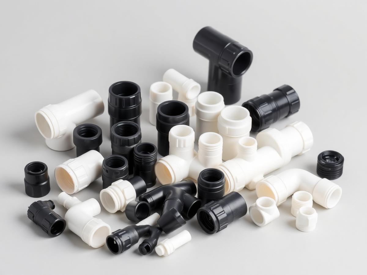 Plastic tube, pipe and hose fittings including elbows, tees and adapters — product illustration