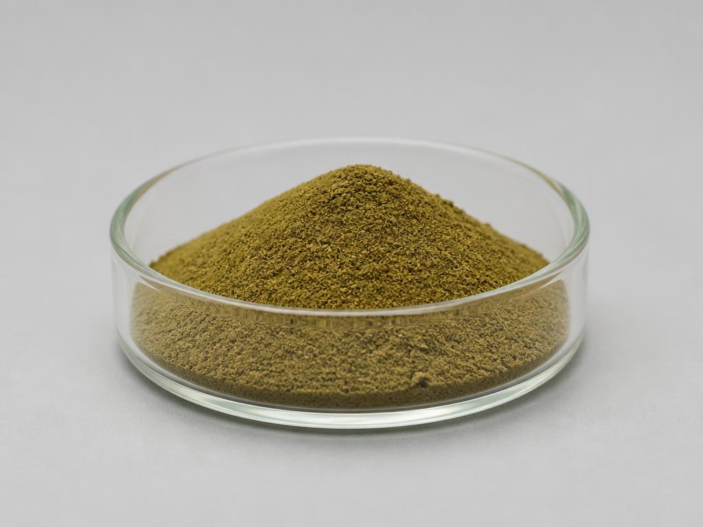 Tulsi Extract — studio photograph of the concentrated olive-brown holy basil leaf extract powder as supplied in bulk