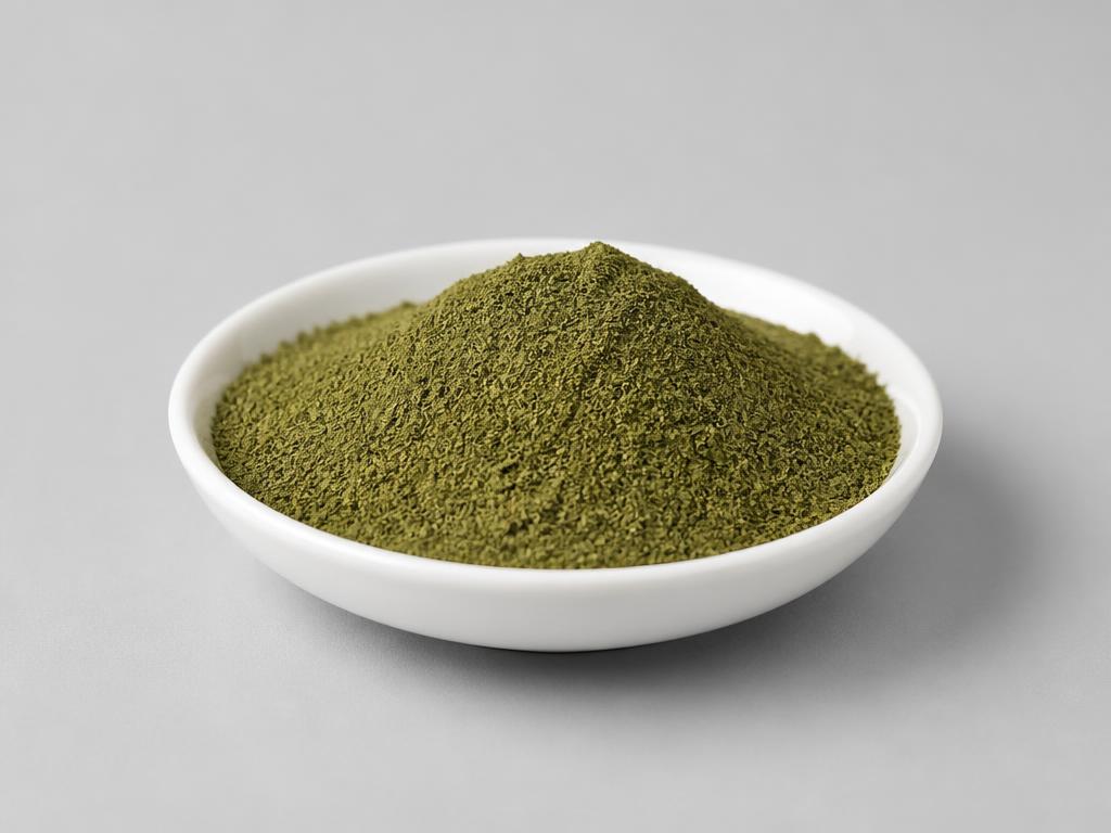 Tulsi Leaf Powder — studio photograph of the dried milled green holy basil leaf powder as supplied in bulk