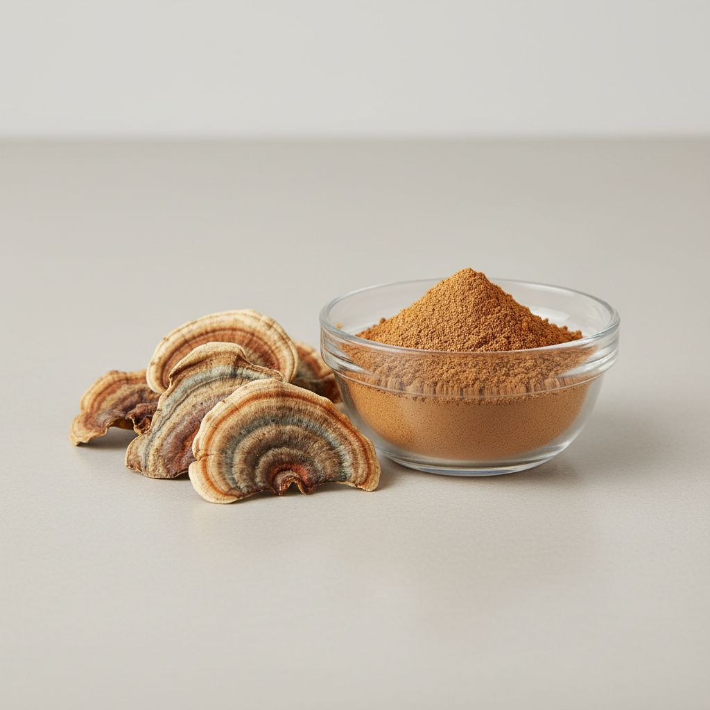 Illustrative studio sample of Turkey Tail Mushroom Extract beside Trametes versicolor source material