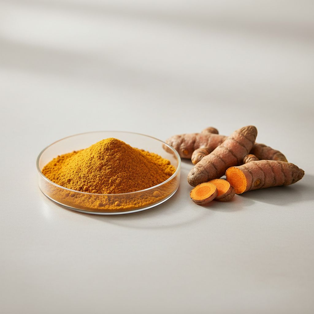 Illustrative studio sample of Turmeric Root Extract beside Curcuma longa source material