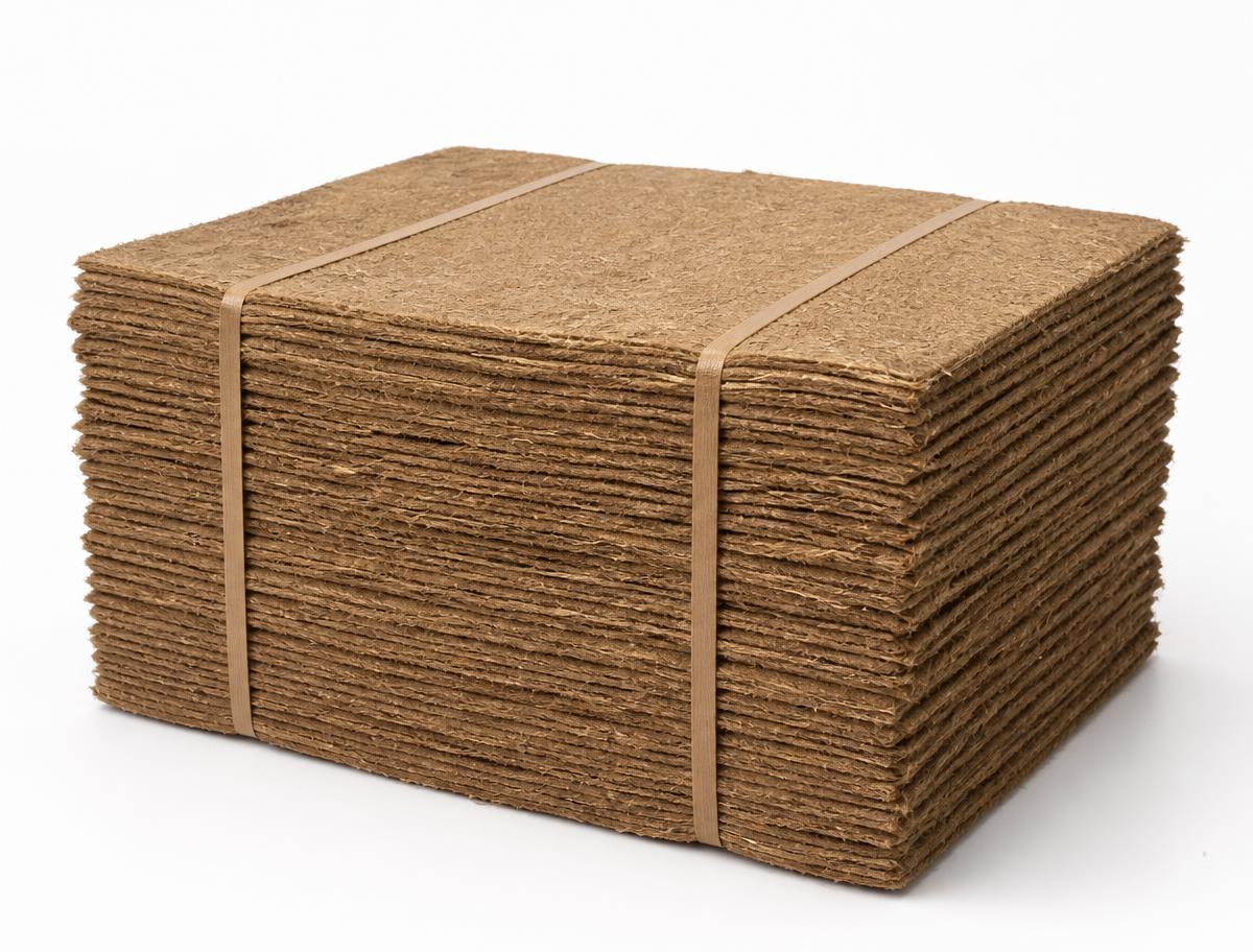 Strapped bale of brown unbleached softwood kraft pulp sheets showing coarse long fibres