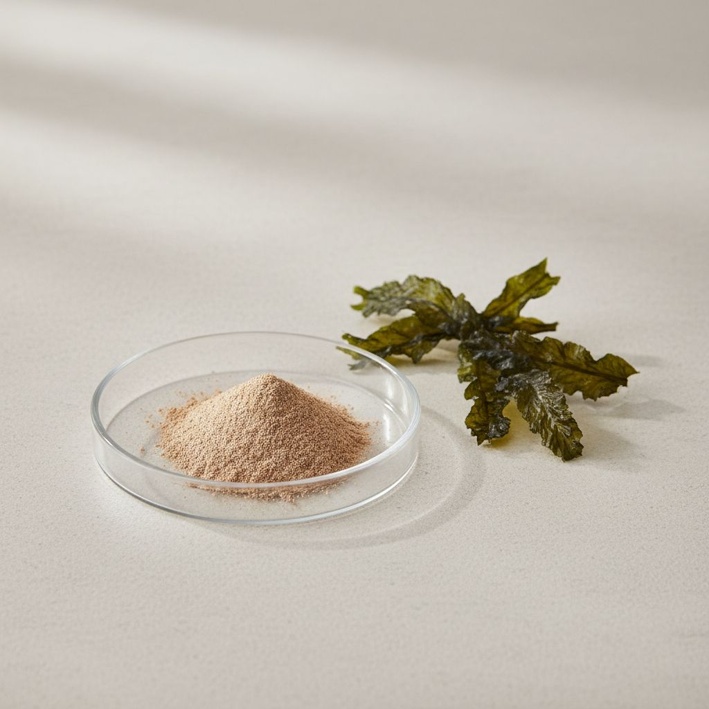 Illustrative studio sample of Undaria Pinnatifida Extract (Fucoidan) beside Undaria pinnatifida source material