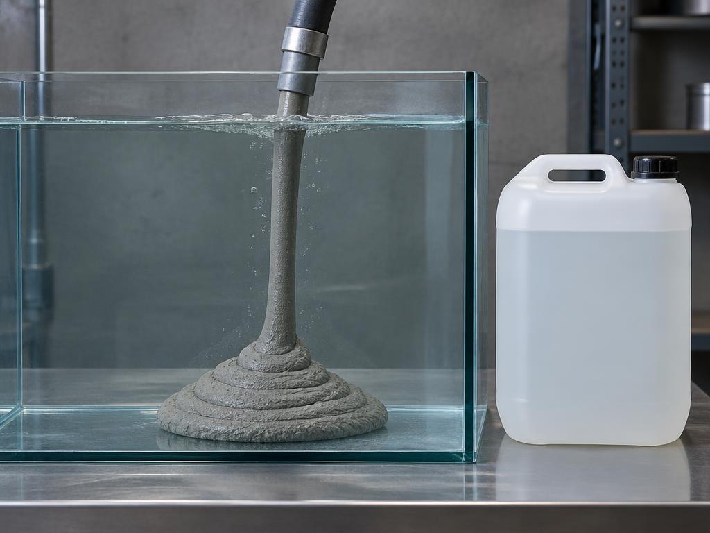 Cohesive grout placed through water beside a liquid admixture container — generic product illustration