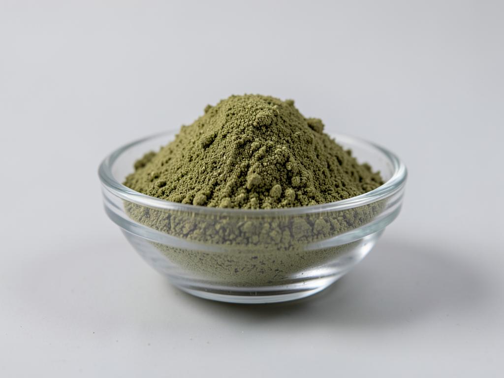 Uva Ursi Leaf Powder shown as a dried milled botanical powder in a shallow dish in a neutral studio photograph