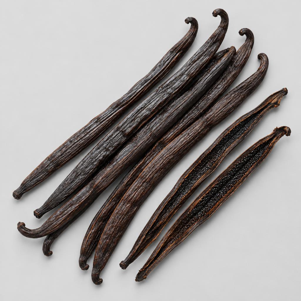 Neutral product illustration of whole cured vanilla pods, including split pods showing seeds