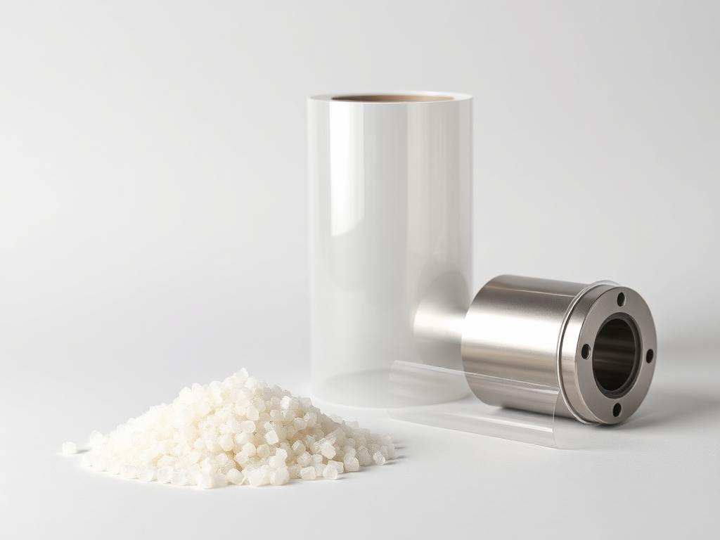 Small heap of translucent VCI anticorrosion masterbatch pellets beside a roll of clear film on a neutral studio background