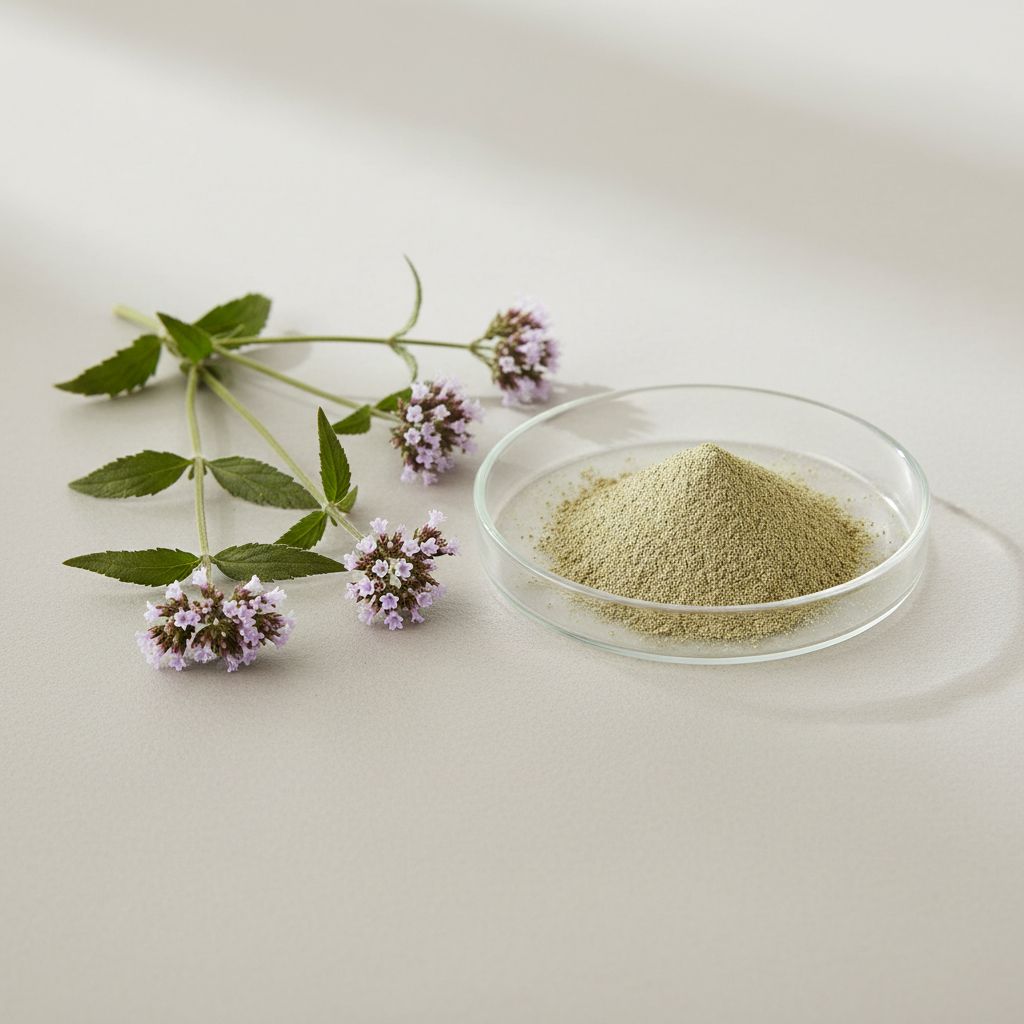 Illustrative studio sample of Verbena Extract beside Verbena officinalis source material
