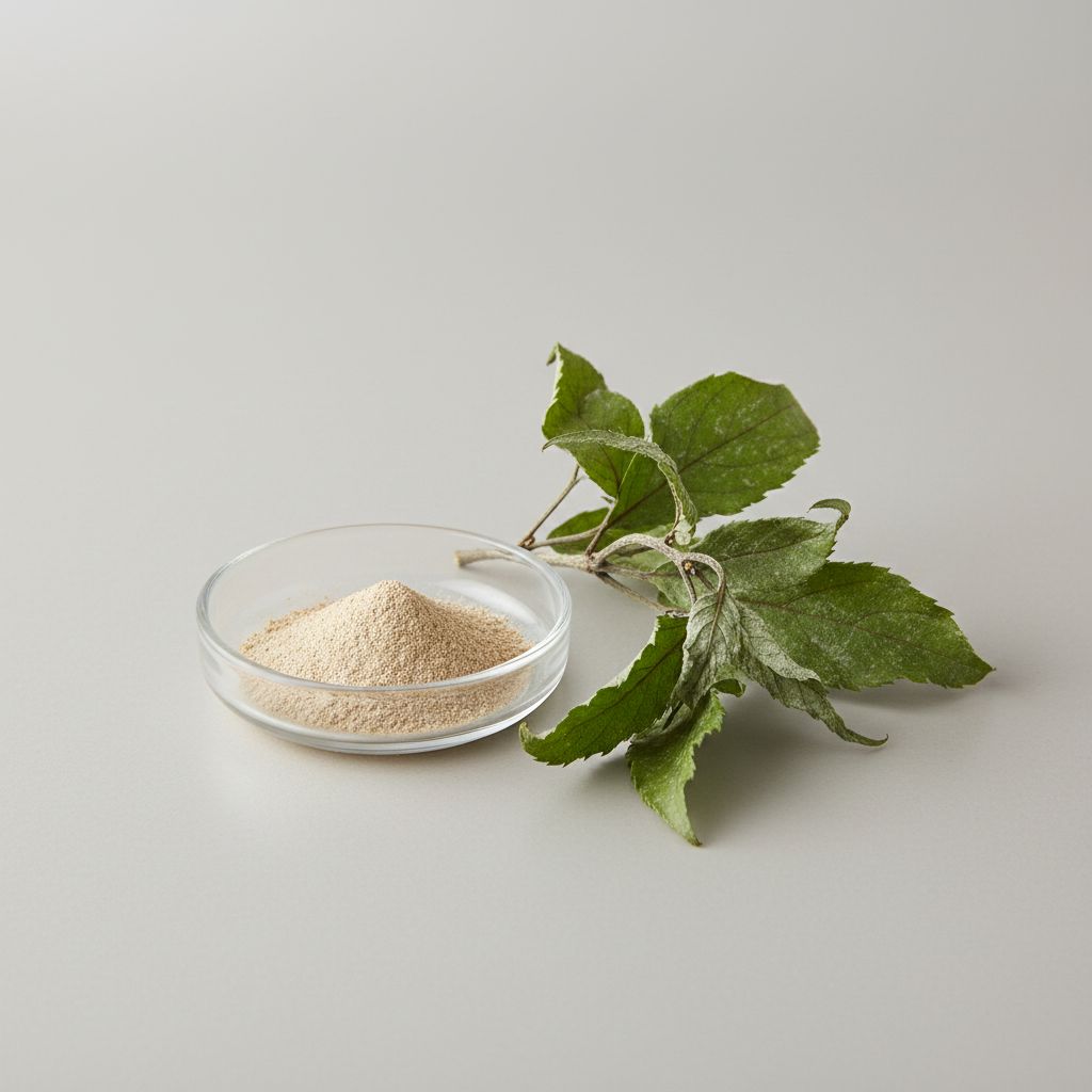 Illustrative studio sample of Vine Tea Extract beside Ampelopsis grossedentata source material