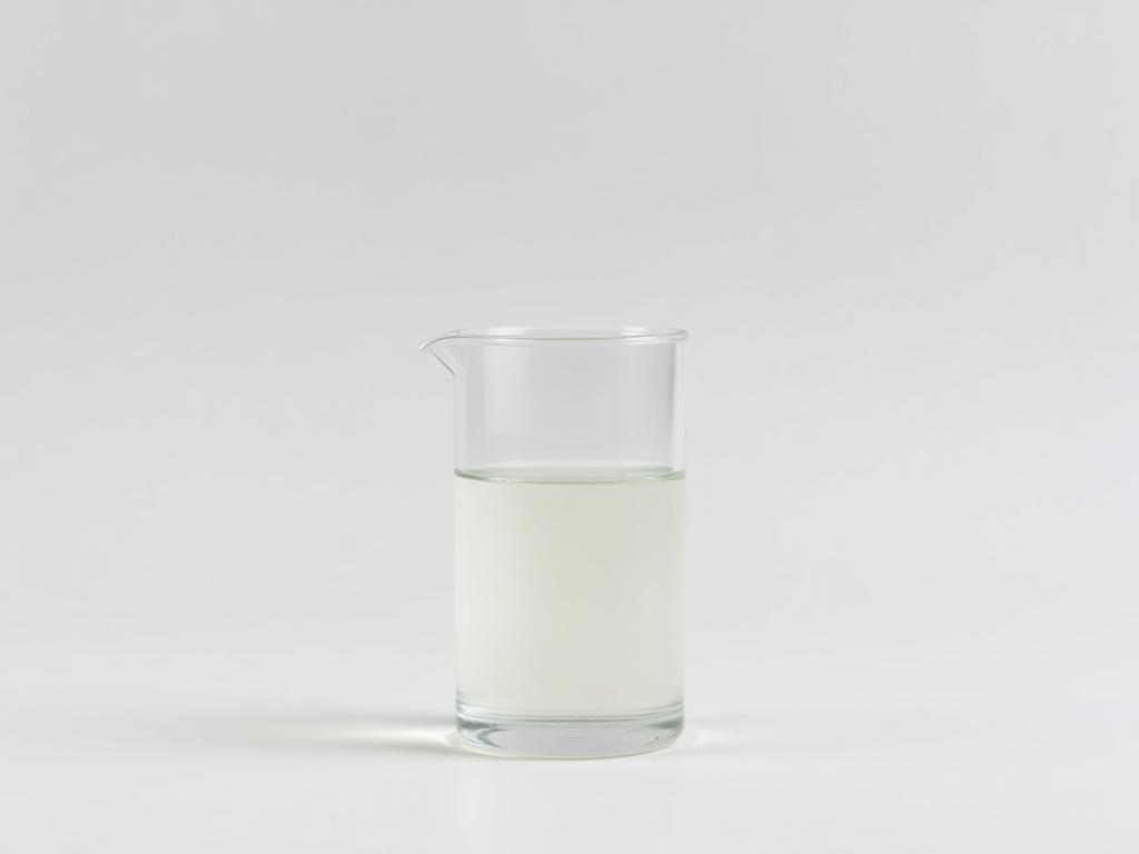 Glass beaker of clear pale vinegar liquid on a neutral background