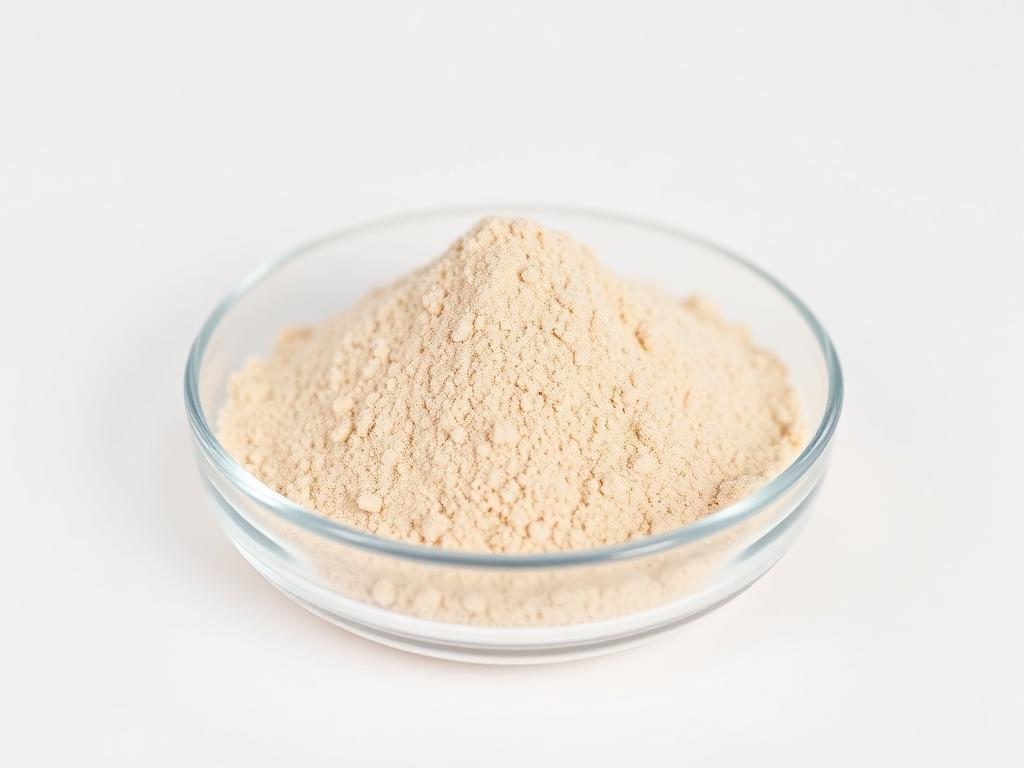 Vital wheat gluten food grade light tan powder in a glass dish