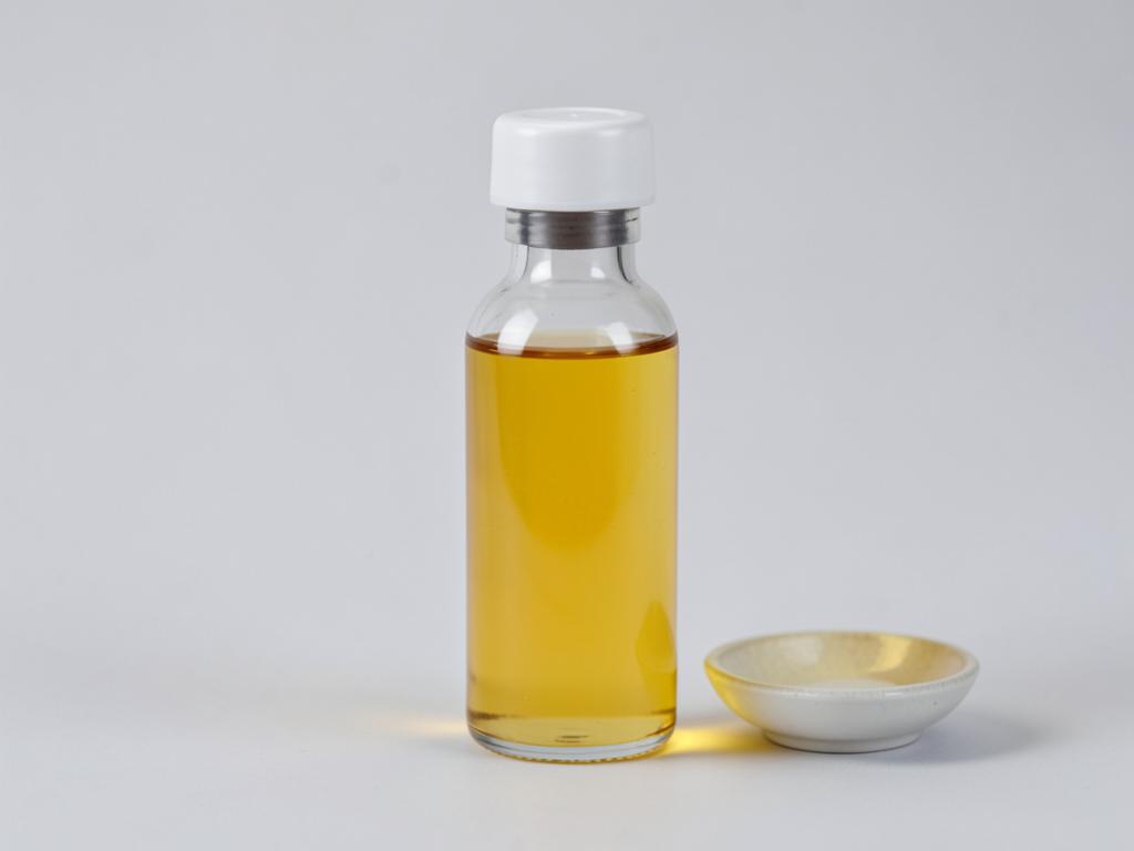 Vitamin A palmitate shown as a clear golden-amber oil in a plain glass vial in a neutral studio photograph