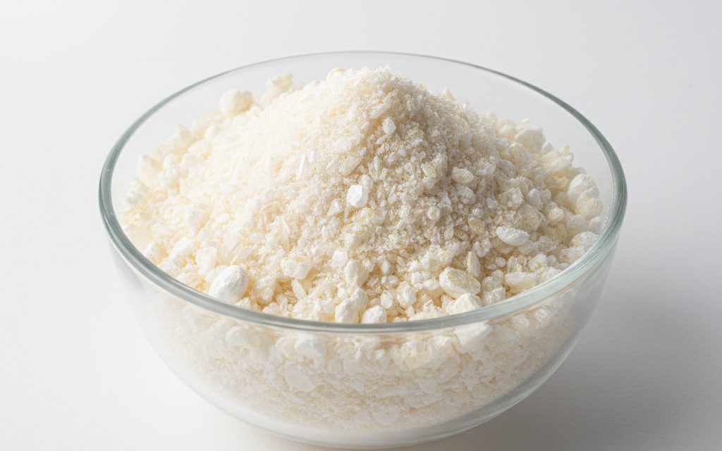 Vitamin B1 (Thiamine Mononitrate) — white to yellowish crystalline powder or small needle-like crystals, possessing a distinct odor and a dry, powdery feel, studio product photograph