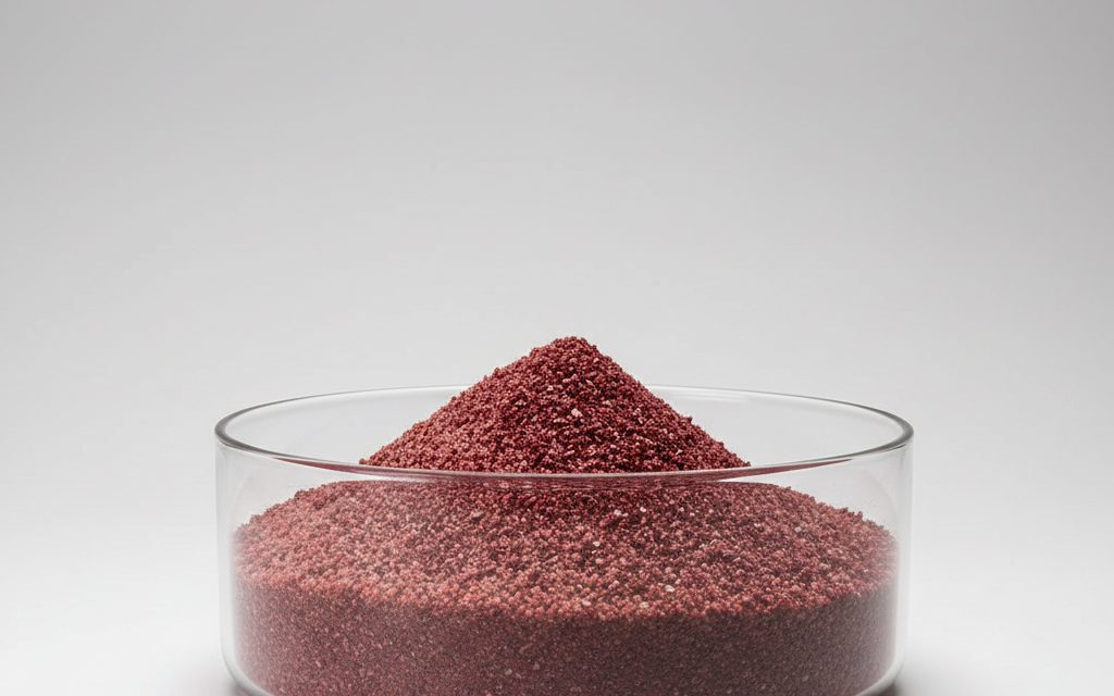 Vitamin B12 (Cyanocobalamin) — dark red crystalline powder or diluted pinkish-brown granular premix, commonly presented as a fine, tinted dry powder, studio product photograph