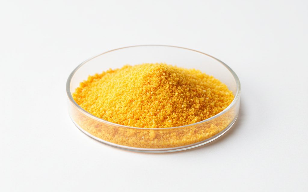 Vitamin B2 (Riboflavin) — fine yellow to orange crystalline powder with a slight characteristic odor, appearing vibrant and dry in a laboratory dish, studio product photograph