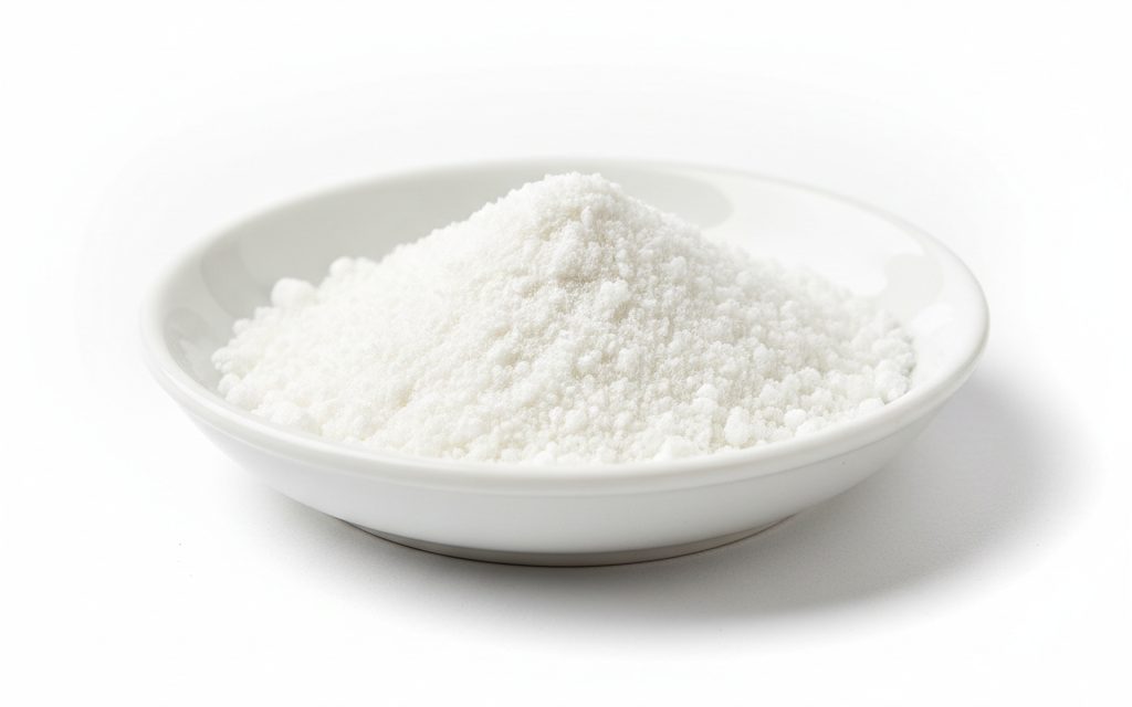 Vitamin B6 (Pyridoxine HCl) — white to off-white, dry crystalline powder or small crystals, typically seen as a free-flowing, bright powder in a beaker, studio product photograph