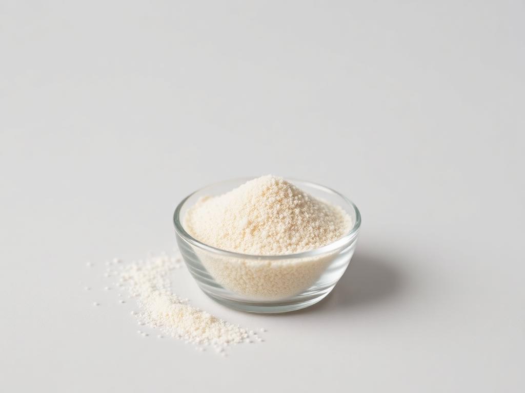 Food and nutraceutical grade vitamin D3 preparation shown as a neutral studio photograph of a free-flowing pale powder in a plain glass dish