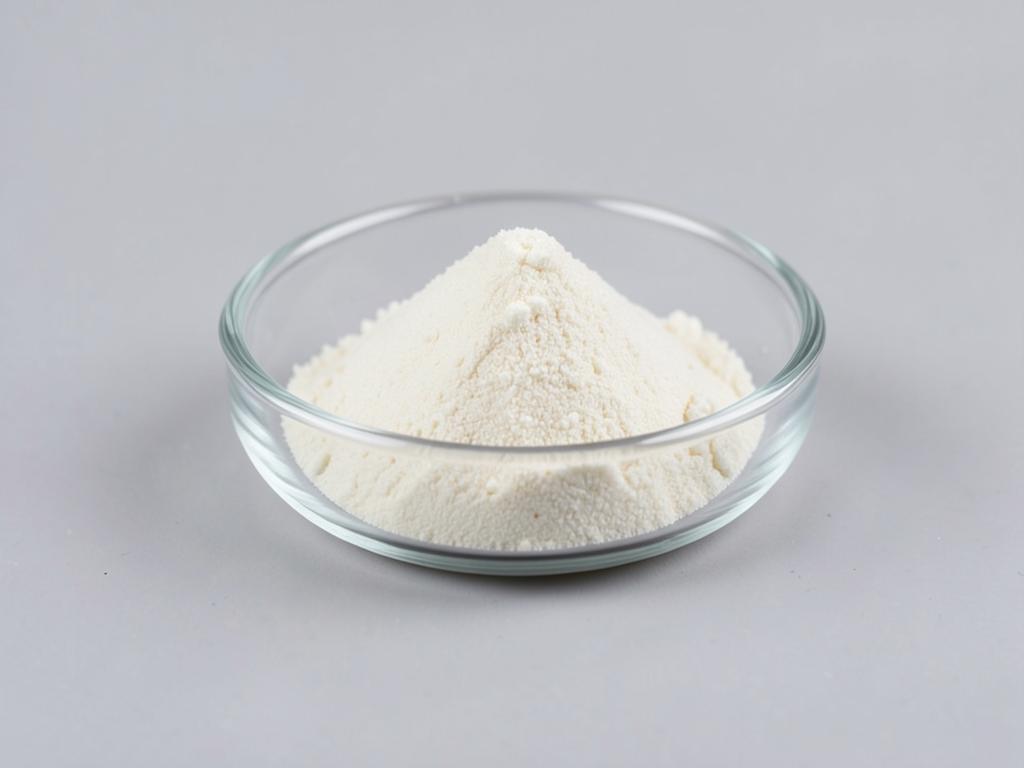 Vitamin E Succinate shown as a fine crystalline powder in a shallow dish in a neutral studio photograph