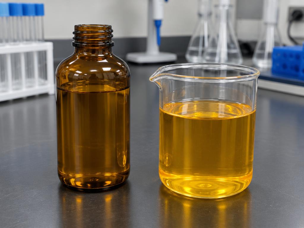 Yellow-orange viscous liquid in lab glassware — generic product illustration