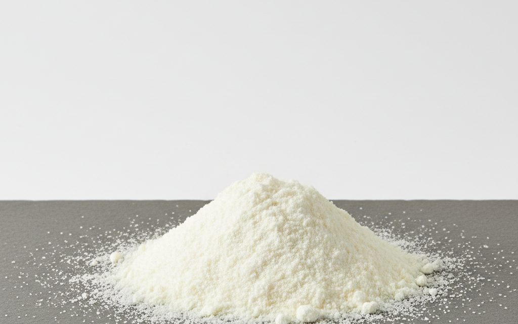 Vitamin K3 — white to creamy-white fine crystalline powder, showing a slight yellowish tint and a dry, free-flowing commercial consistency, studio product photograph