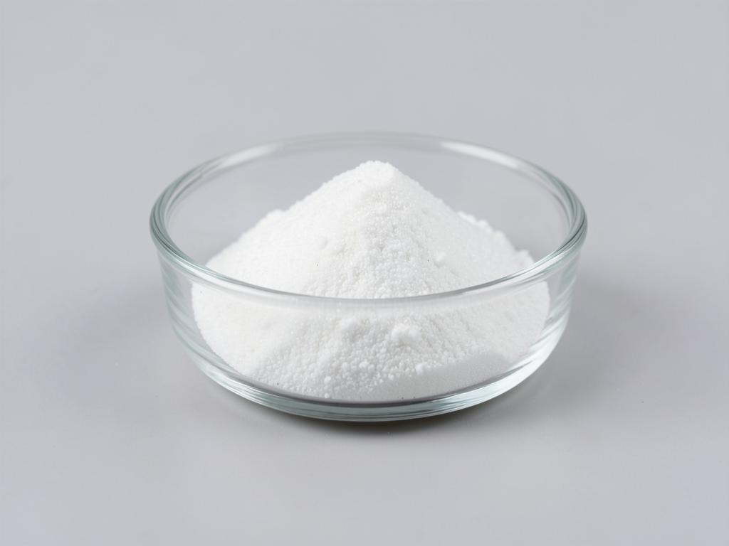 Vitamin U (S-Methylmethionine) shown as a fine crystalline powder in a shallow dish in a neutral studio photograph