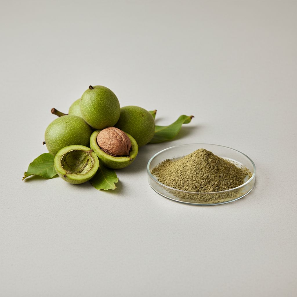 Illustrative studio sample of Walnut Green Husk Extract beside Juglans regia source material