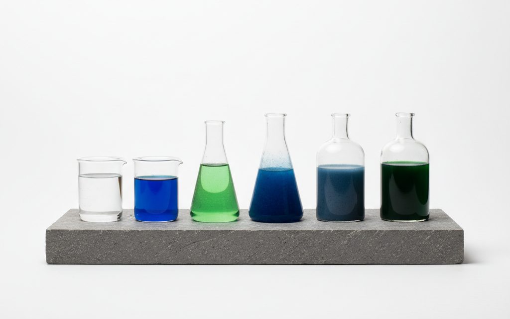 Grade confirmed at quotation — transparent to dark blue or green liquids, sometimes formulated as slurries or concentrated aqueous solutions for atmospheric or liquid dosing, studio product photograph