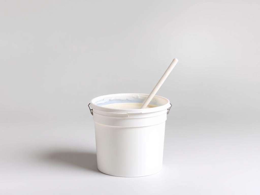 Open pail of white waterborne laminating adhesive with a stir stick on a neutral studio background