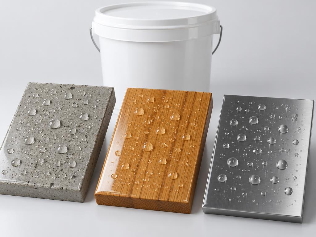 Coated concrete, wood and steel panels with water beading — generic product illustration