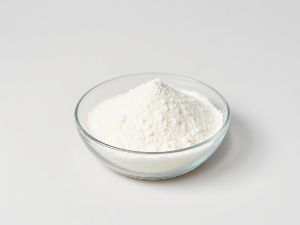 Fine white waxy maize starch powder heaped in a shallow glass dish on a neutral studio background
