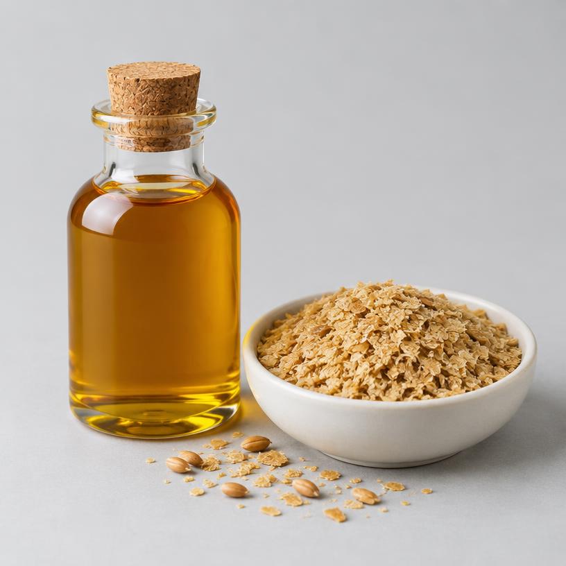 Wheat Germ Oil — Food Grade — studio photograph of amber to orange-brown oil, presented as a B2B sourcing category illustration