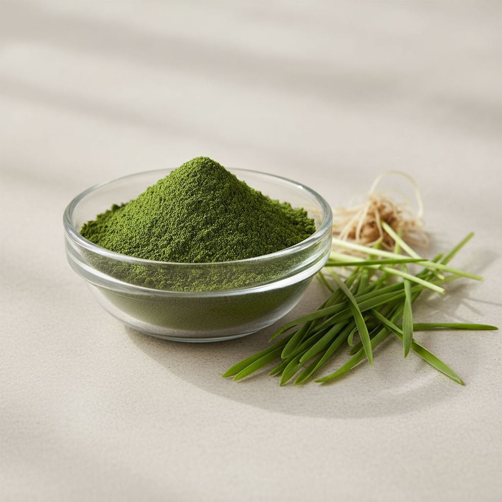 Illustrative studio sample of Wheat Grass Juice Powder beside Triticum aestivum source material