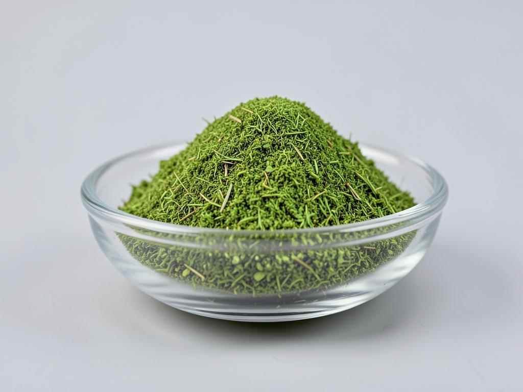 Wheat Grass Powder shown as a dried milled botanical powder in a shallow dish in a neutral studio photograph