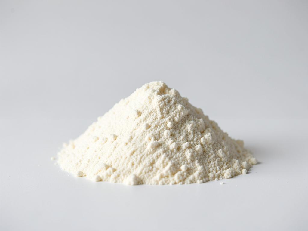Wheat protein isolate shown as a fine light cream powder heap in a neutral studio photograph