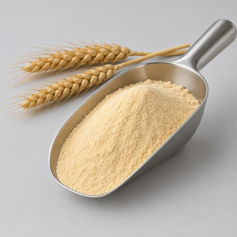 Illustrative studio sample of warm pale-gold Wheat Protein Peptide powder beside wheat heads