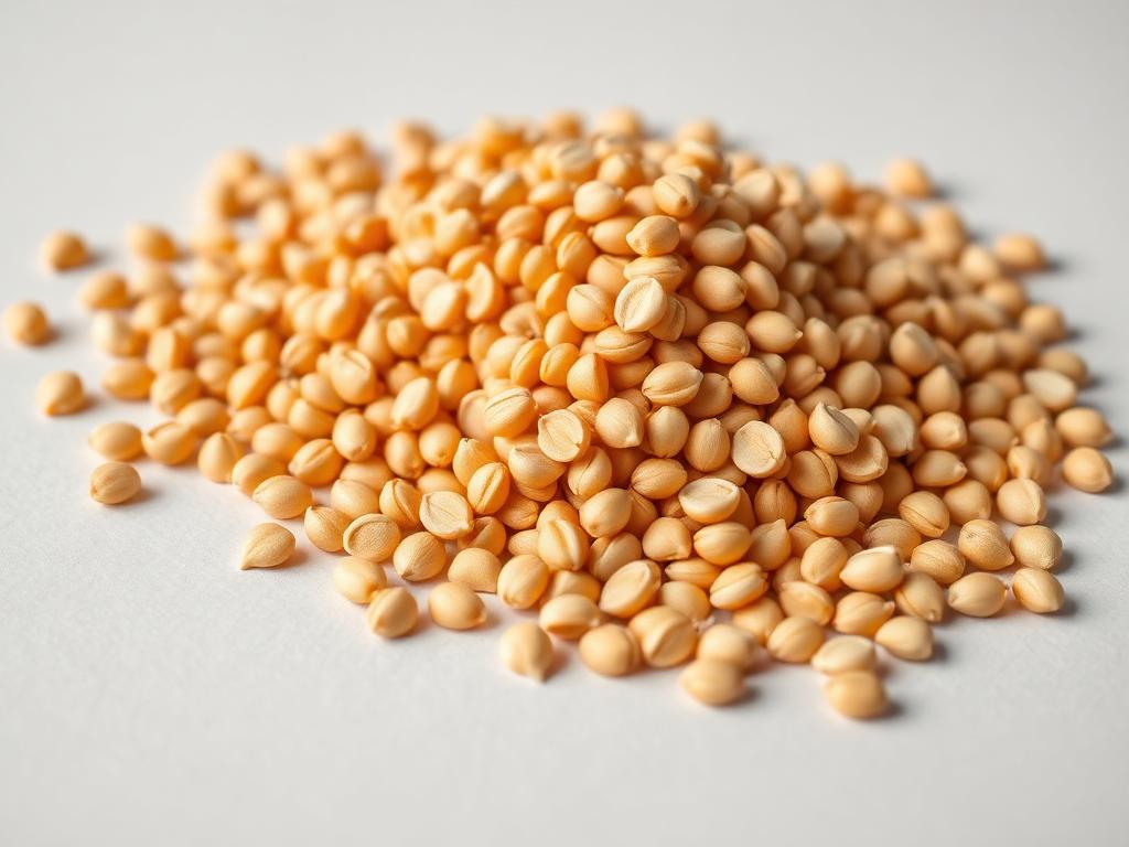 Wheat seed for sowing shown as a neutral studio product photograph of certified planting seed in bulk