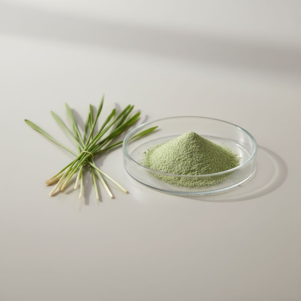 Illustrative studio sample of Wheat Seedling Extract beside Triticum aestivum source material