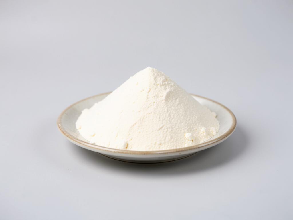 Wheat starch shown as a soft off-white powder heap with a matte surface in a neutral studio photograph