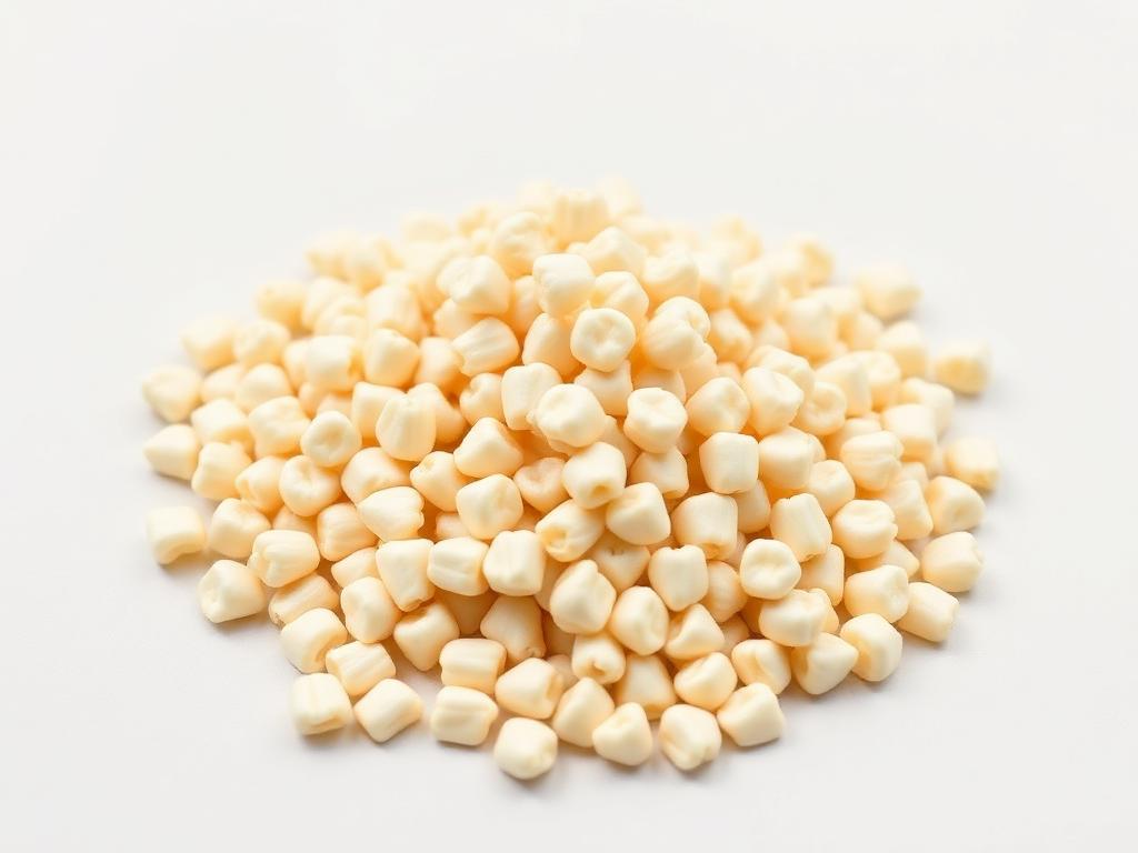 White hominy and pozole corn shown as a neutral studio photograph of the large-kernel food-use grain