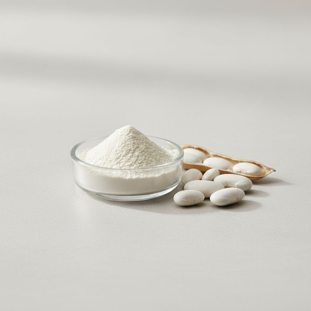 Illustrative studio sample of White Kidney Bean Extract beside Phaseolus vulgaris source material