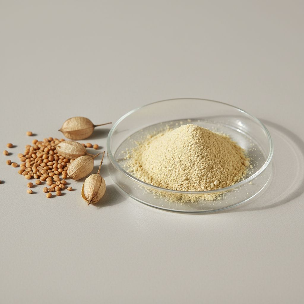 Illustrative studio sample of White Mustard Seed Extract beside Sinapis alba source material