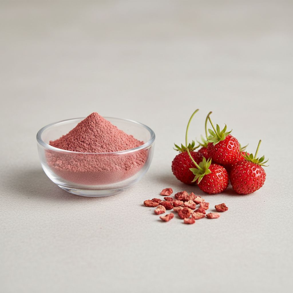 Illustrative studio sample of Wild Strawberry Juice Powder beside Fragaria vesca source material