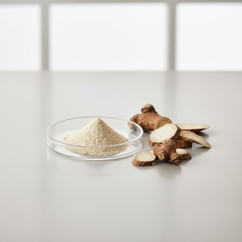 Illustrative studio sample of Wild Yam Extract beside Dioscorea spp. source material
