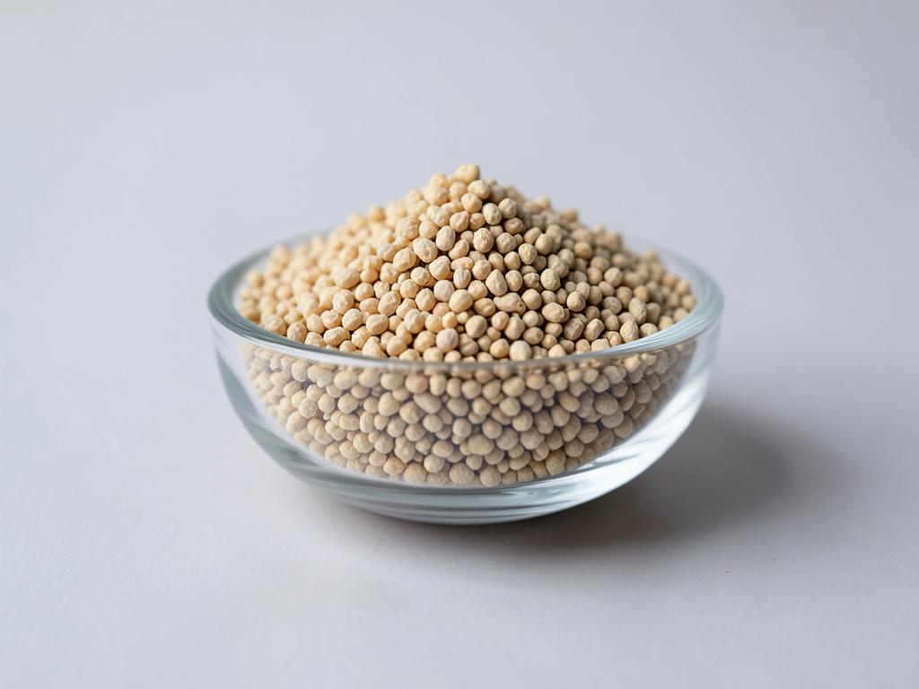 Active dry wine yeast shown as small beige granules heaped in a shallow glass dish in a neutral studio photograph