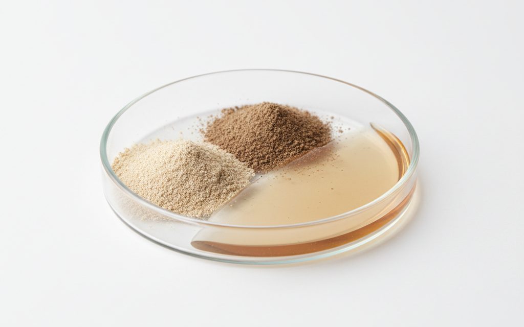 Xylanase — light tan to brown fine powder or micro-granules, or a clear to brownish liquid depending on the formulation, studio product photograph