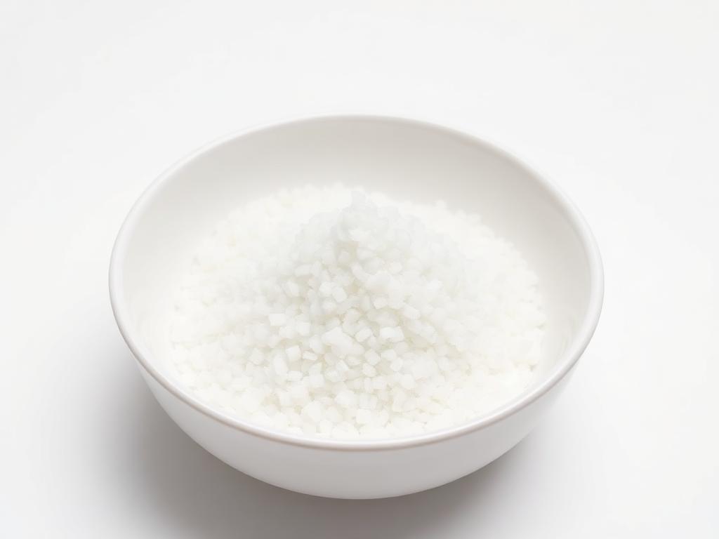 White crystalline xylitol granules heaped in a white porcelain bowl on a bright neutral studio background