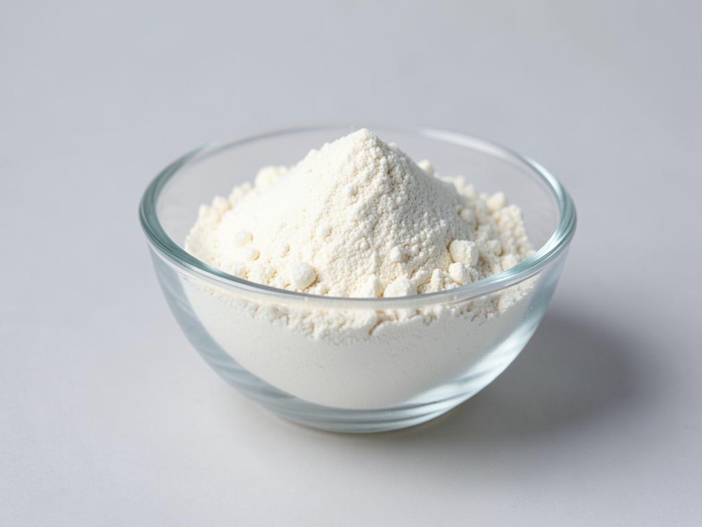 Xylooligosaccharides (XOS) shown as a free-flowing carbohydrate powder in a shallow dish in a neutral studio photograph
